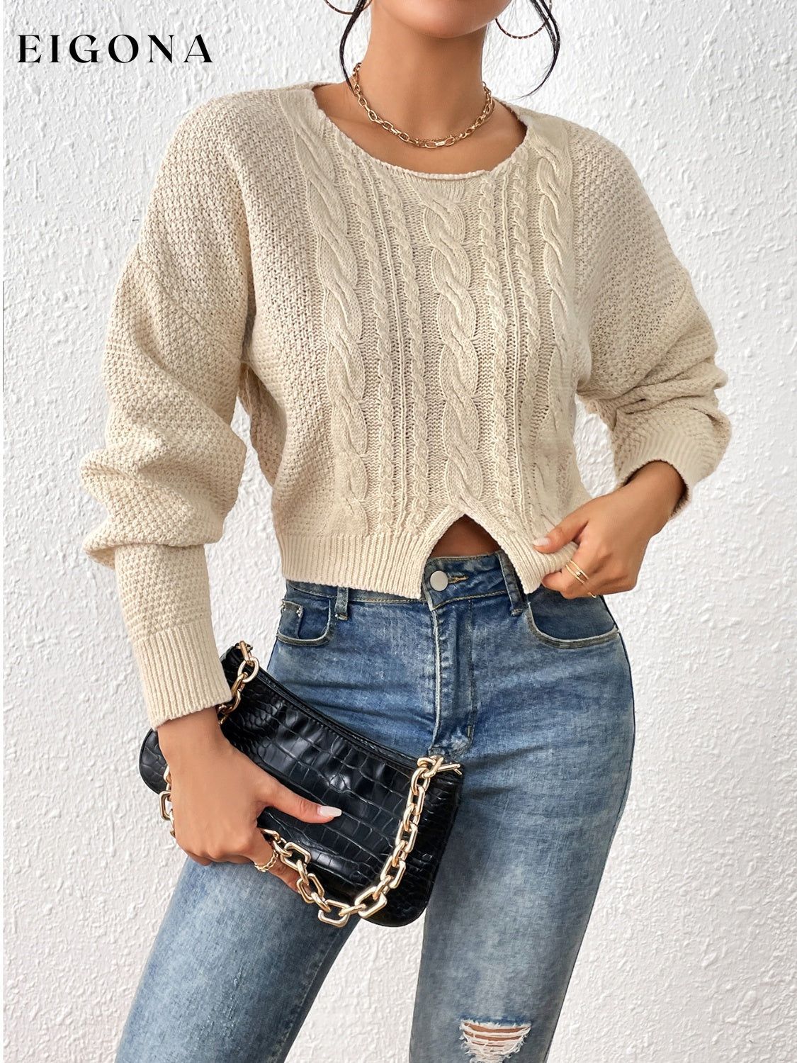Cable-Knit Slit Drop Shoulder Sweater clothes Ship From Overseas Shipping Delay 09/30/2023 - 10/03/2023 Sounded sweater sweaters top