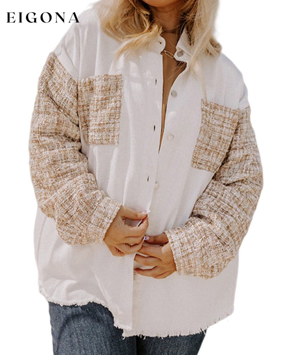 White Plus Size Tweed Patchwork Raw Hem Long Sleeve Button down shirt Jacket clothes long sleeve shirt long sleeve shirts long sleeve top long sleeve tops shirt shirts top tops