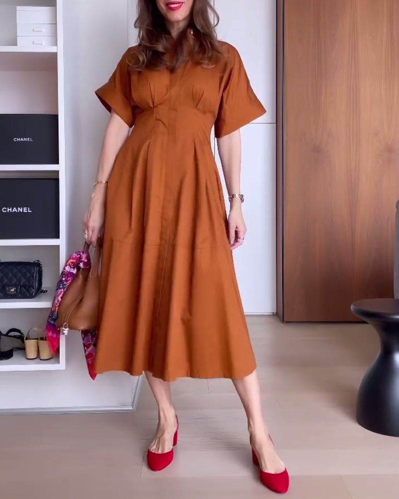 Solid color waisted lapel short sleeve dress 202466 casual dresses summer