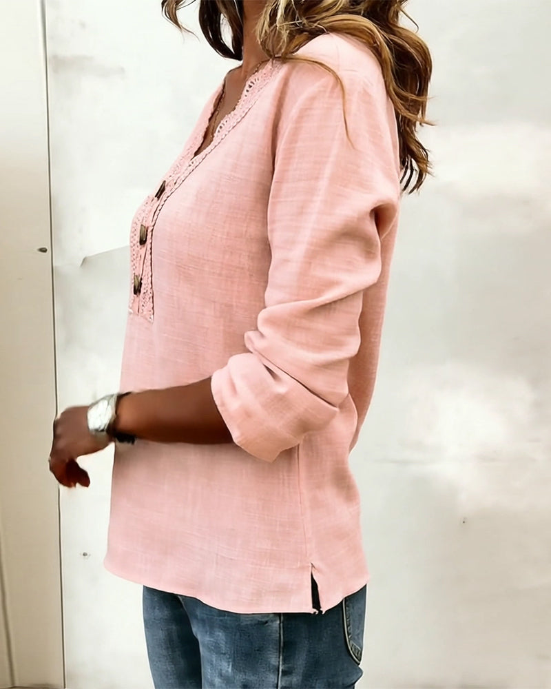 Lace Paneled Button-Down V-Neck Blouse