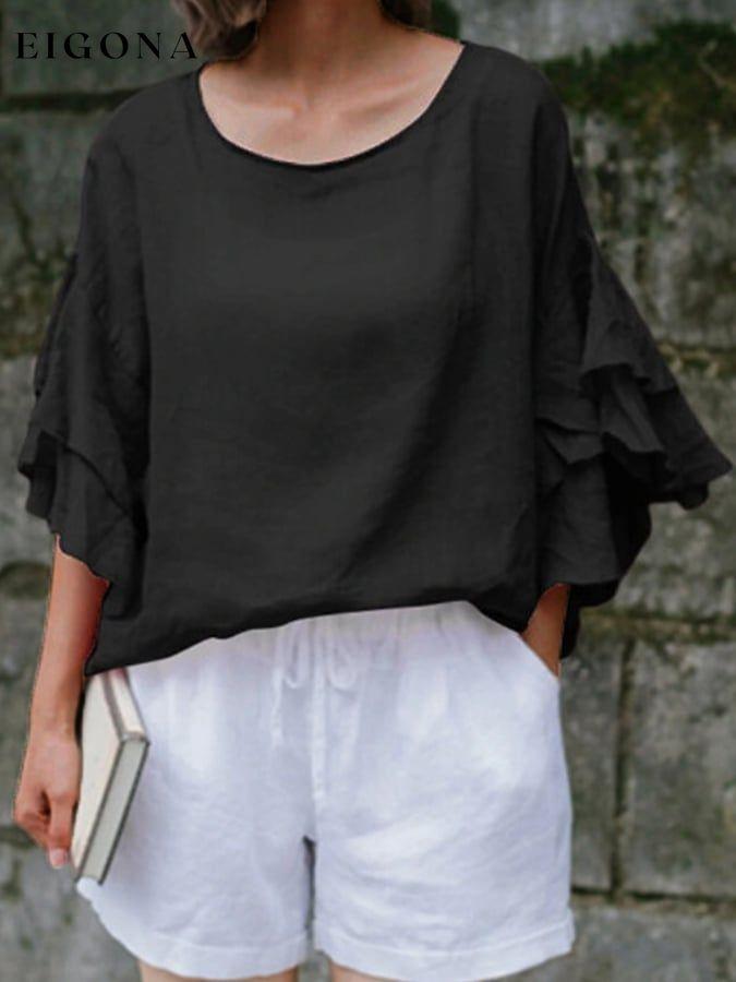 Women's Ruffle Stitched Cotton Linen T-shirt cotton linens