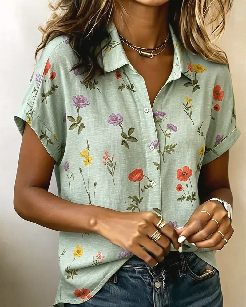 Turn-Down Collar Flower Print Short Sleeve Shirt