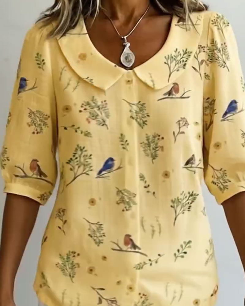 Bird Pattern Peter Pan Collar Shirt