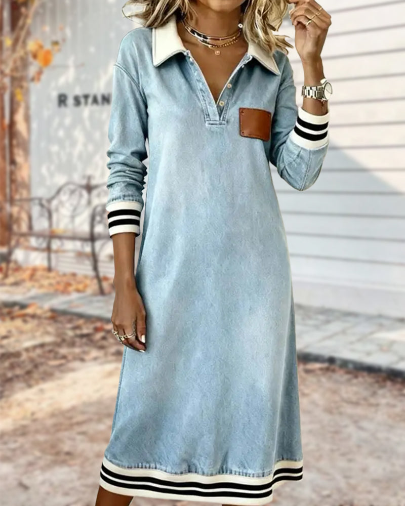 Lapel Paneled Denim Shift Dress