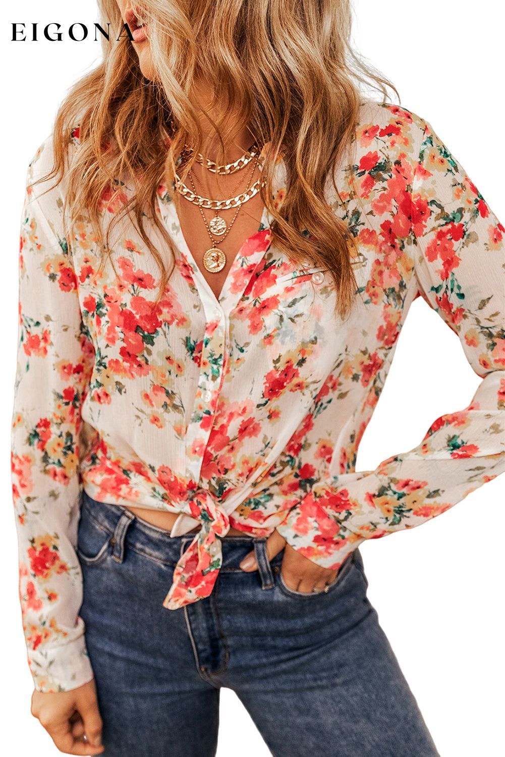 Vibrant Floral Print Chest Pocket Shirt All In Stock clothes Color Red DL Chic DL Exclusive long sleeve shirts long sleeve top long sleeve tops Occasion Daily Print Floral Season Winter shirt shirts Style Southern Belle top tops