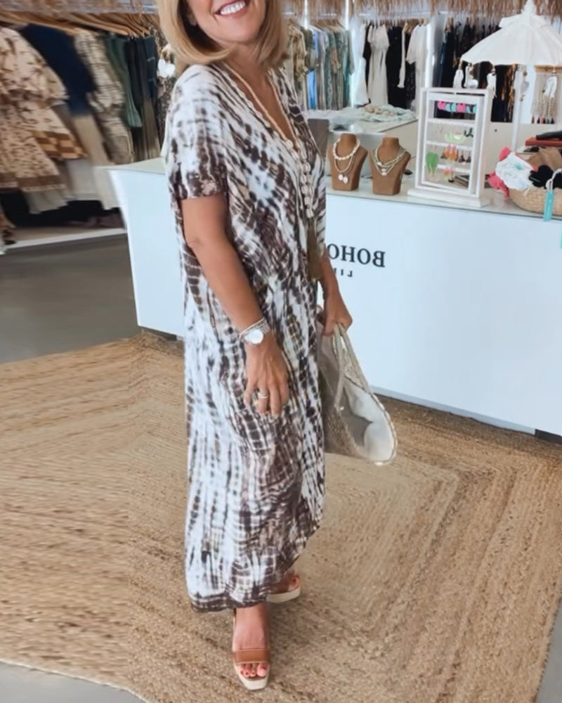 Vintage printed deep V short-sleeve dress 202466 casual dresses summer