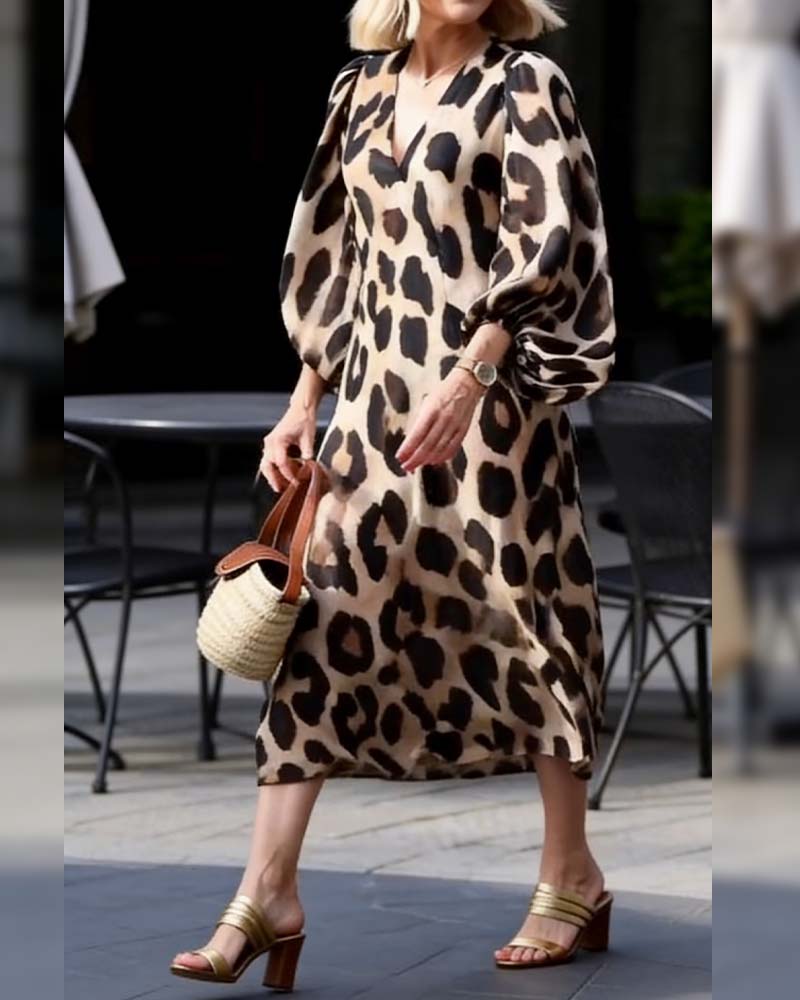 Lantern Sleeve V-Neck Leopard Print Dress