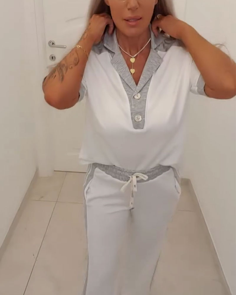 Color Block Camp Collar Casual Set