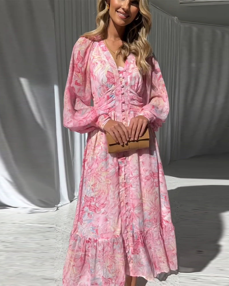 Gentle button print long dress casual dresses spring summer