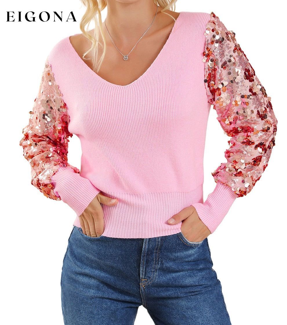 Pink Contrast Sequin Sleeve V Neck Ribbed Knit Sweater All In Stock clothes Color Pink Craft Sequin Day Valentine's Day Fabric Ribbed long sleeve shirt long sleeve shirts long sleeve top long sleeve tops Occasion Daily Print Solid Color Season Fall & Autumn shirt shirts Style Southern Belle Sweater sweaters Sweatshirt top tops