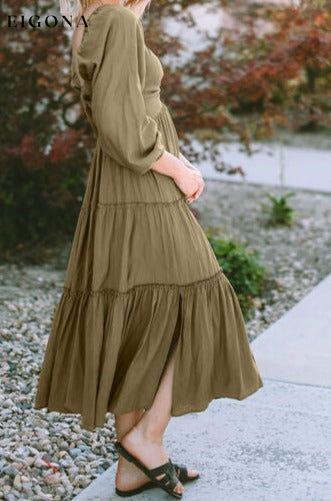 Ruched V-Neck Balloon Sleeve Tiered Dress casual dress casual dresses clothes clothing dress dresses long sleeve dresses midi dress Ship From Overseas SYNZ