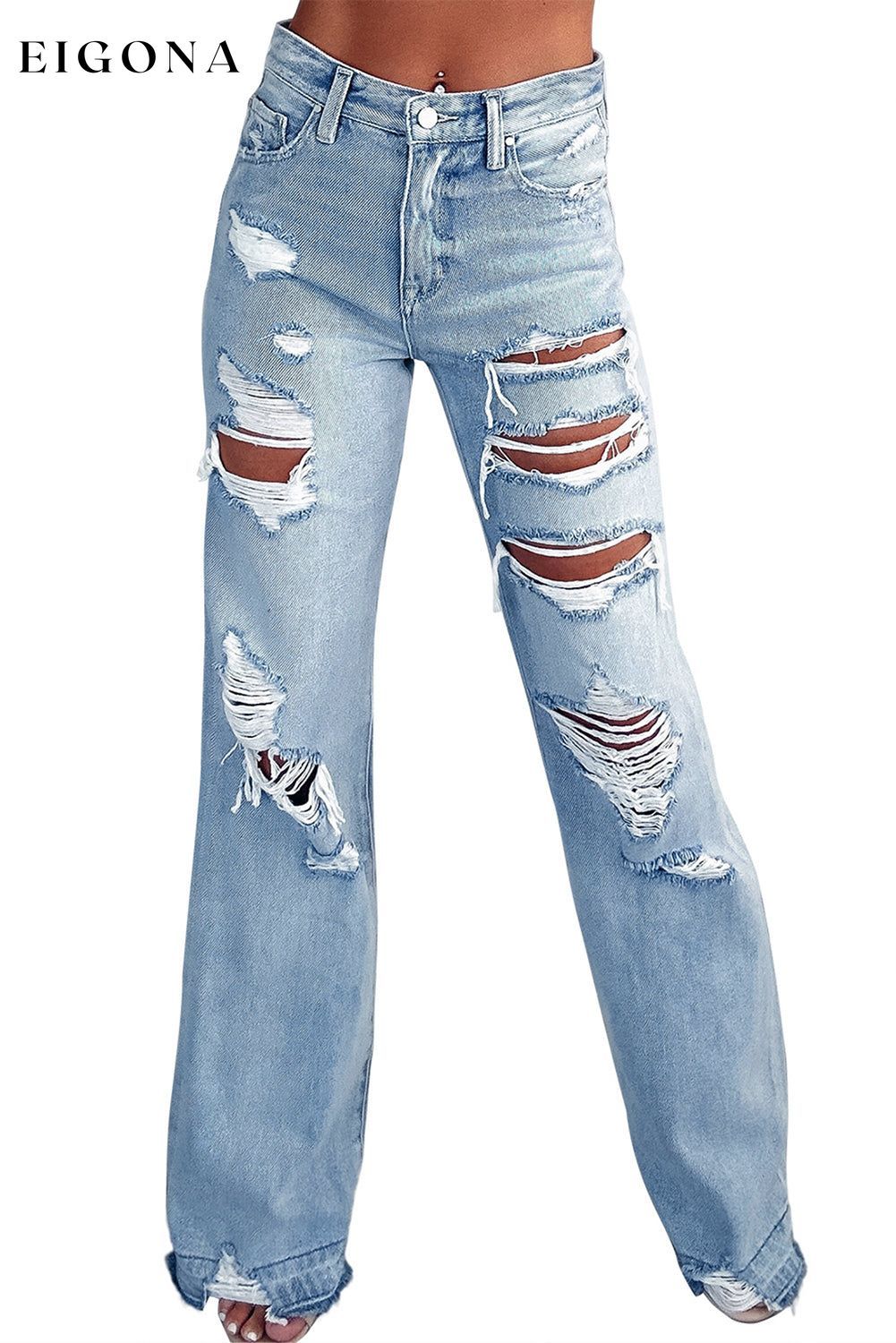 Sky Blue Vintage Distressed Ripped Wide Leg Jeans All In Stock bottoms clothes Color Blue Craft Distressed EDM Monthly Recomend Fabric Denim Jeans Occasion Daily pants ripped jeans Season Spring Silhouette Wide Leg Style Casual
