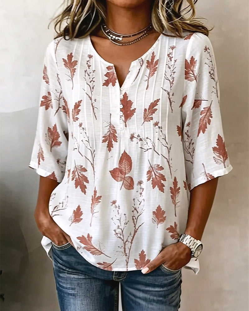 Artistic Maple Leaf Print Blouse