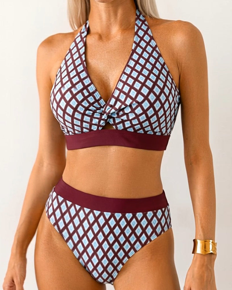 Geometric Diamond-Print Halter Bikini