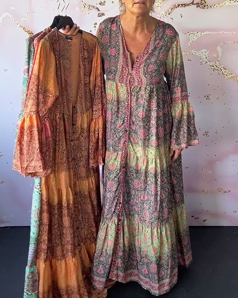 Vintage print bell sleeve elegant dress 202466 boho dresses spring summer vacation dresses