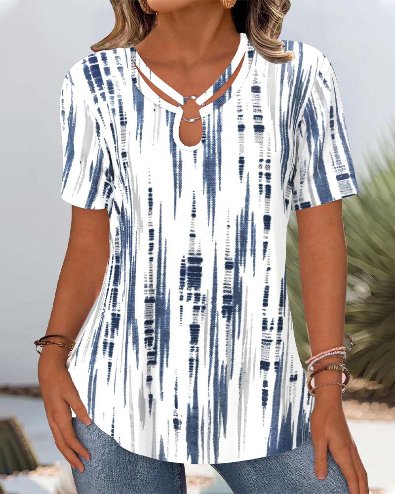 Printed Fashion Hollow Short Sleeve Blouse