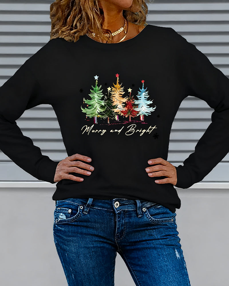 Long-Sleeved Crew Neck Christmas Tree Print Top