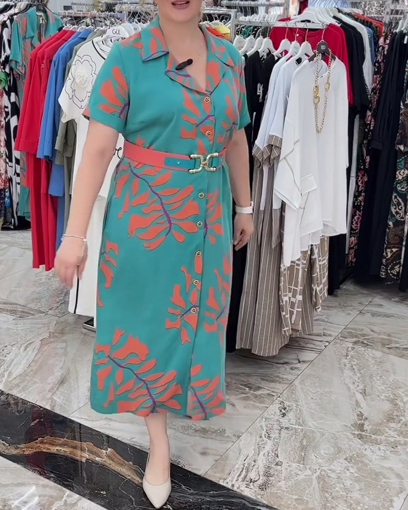 Elegant dress with lapel leaves print casual dresses spring summer