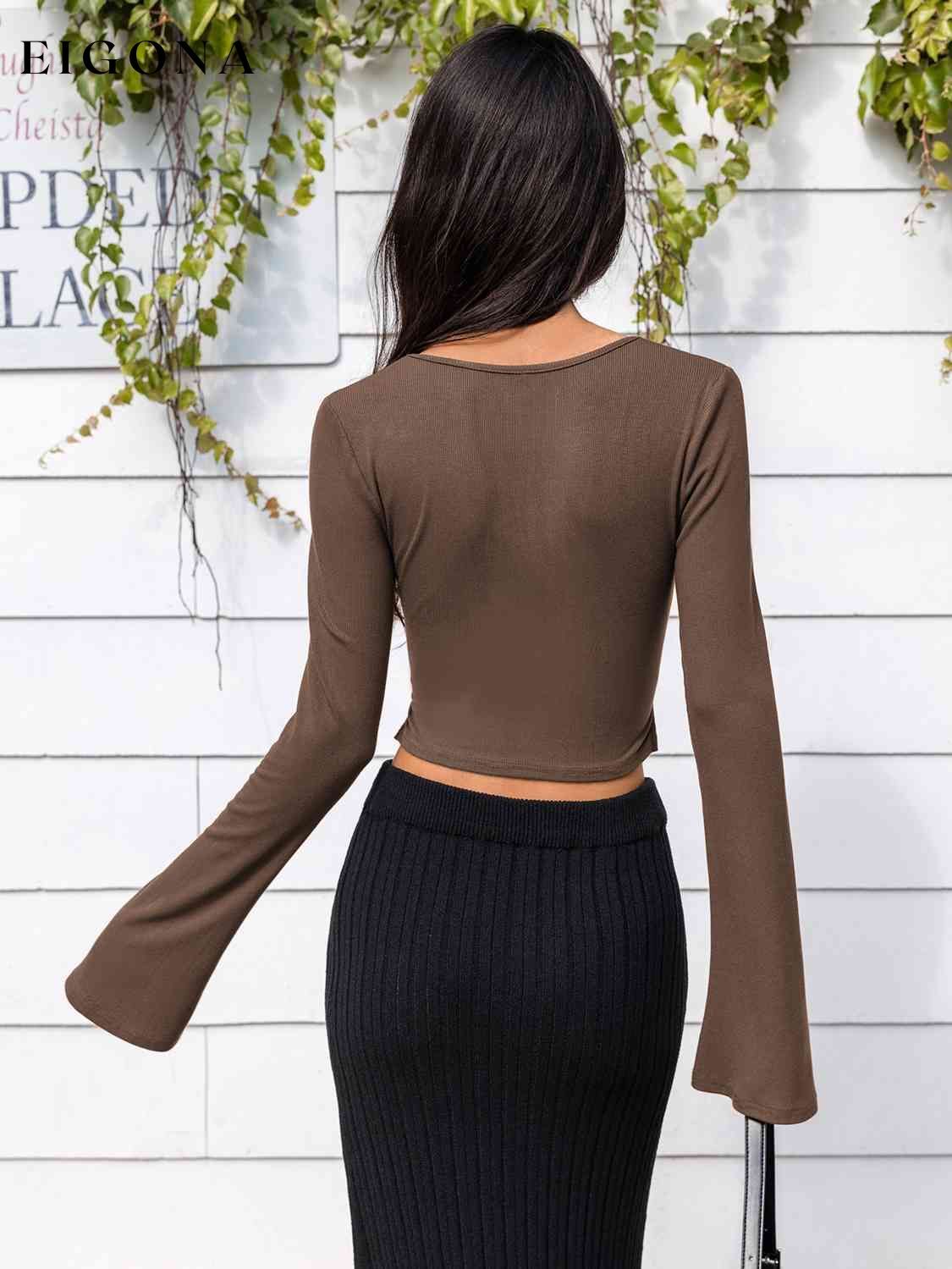 Lone Sleeve Cutout Zip Up Crop Top B@H@S@D brown tops clothes crop top crop tops cropped cropped top croptop long sleeve shirt long sleeve shirts long sleeve top long sleeve tops long sleeves Ship From Overseas shirts tops