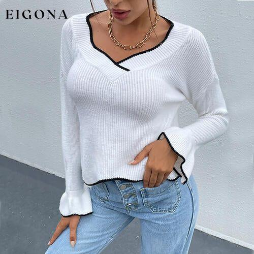 Flounce Sleeve V-Neck Sweater clothes long sleeve shirt long sleeve shirts long sleeve top long sleeve tops Romantichut Ship From Overseas shirt shirts