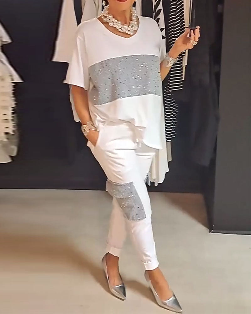 Sequin splicing short-sleeve T-shirt and pants casual sets spring summer two-piece sets
