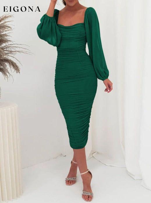 Square neck pleated lantern sleeve slit light Midi dress clothes elegant dress Elegant dresses formal dress formal dresses long sleeve dress long sleeve dresses midi dress midi dresses