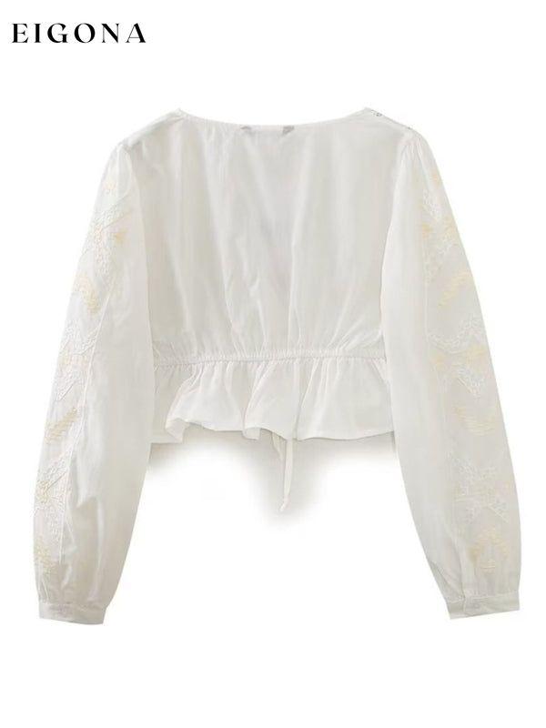 Women's Cotton Shirt new V-neck retro sweet shirt embroidered drape Long Sleeve Crop Top clothes crop top crop tops cropped top croptop long sleeve shirt long sleeve shirts long sleeve top long sleeve tops shirt shirts top tops
