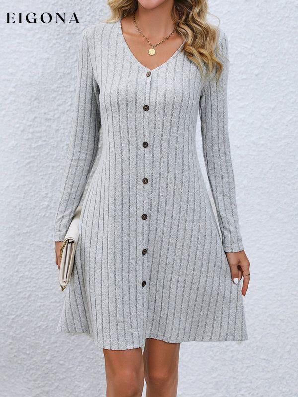 Women's Fashion Button Waist Long Sleeve Dress Grey casual dresses clothes clothing dress dresses long sleeve dress long sleeve dresses short dresses