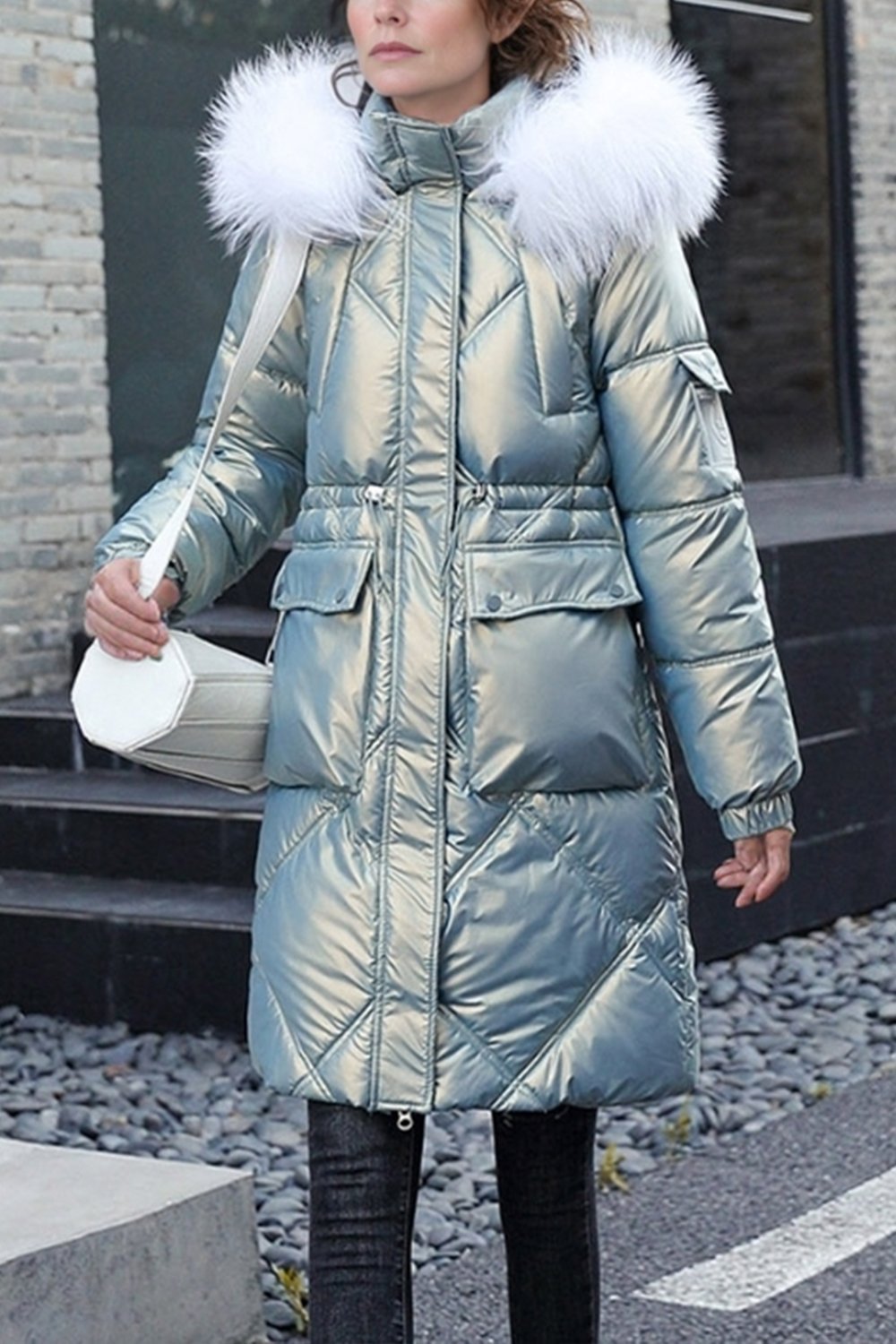 Ladies Glossy Mid-length Loose Thickened Warm Cotton Jacket Coats skirts Top