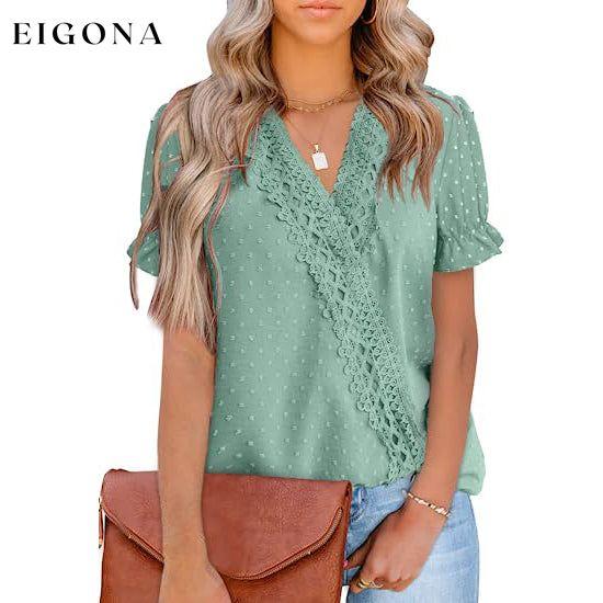 Women's Casual Lace Pom Pom V Neck Chiffon Short Sleeve Top Aqua __stock:200 clothes refund_fee:1200 tops