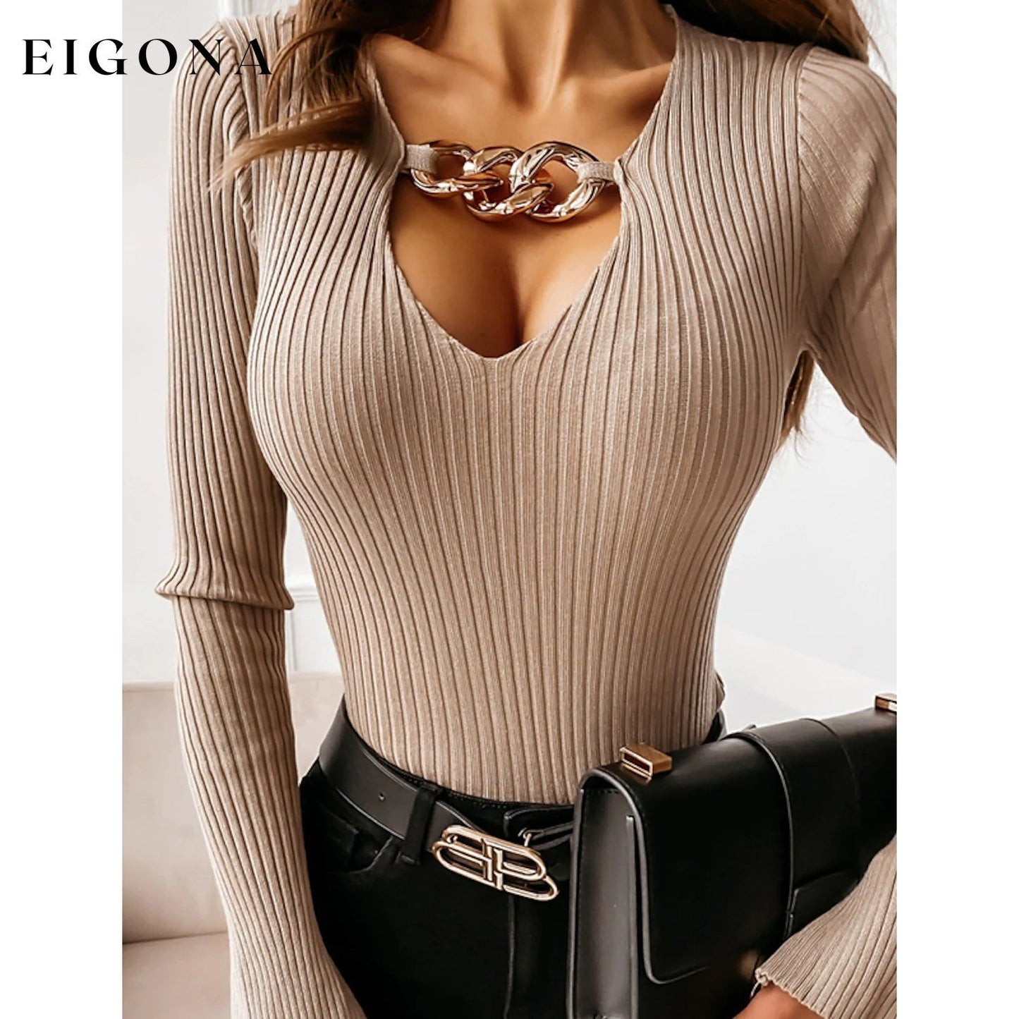 Women's Pullover Knit Ripped Long Sleeve Sweater Cardigan Khaki __stock:200 clothes refund_fee:1200 tops