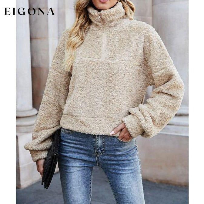 Women's Pullover Plain Quarter Zip Sweatshirt Beige __stock:50 clothes refund_fee:1200 tops