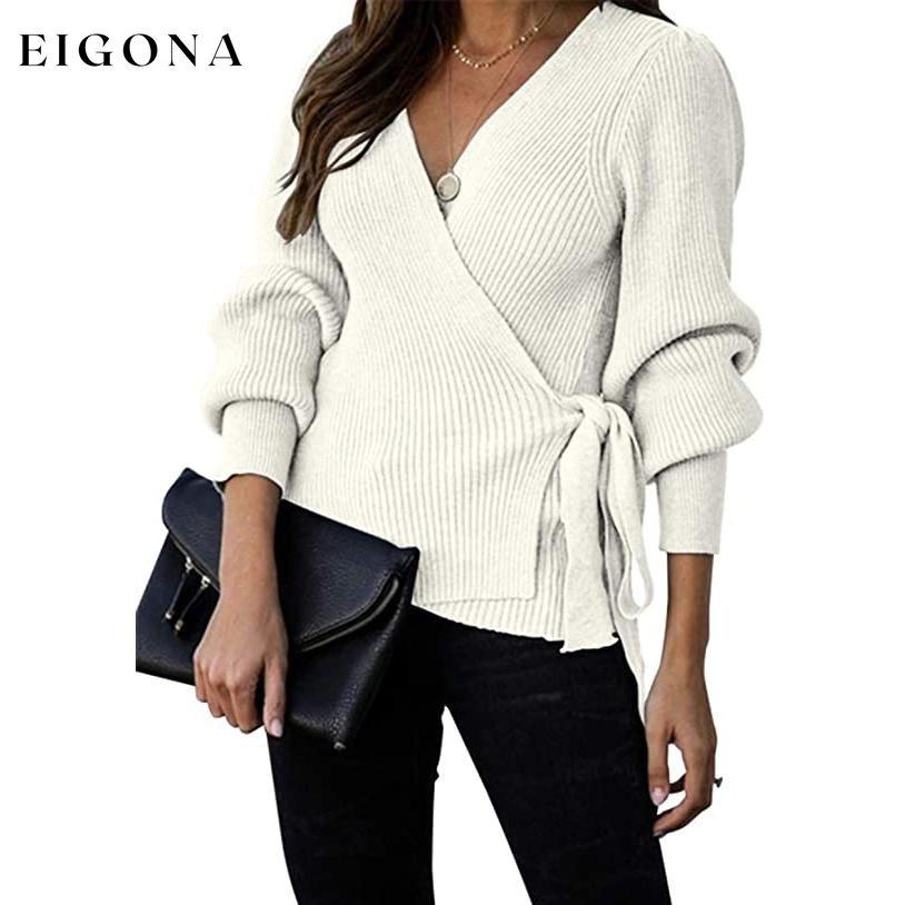 Women’s V Neck Balloon Sleeve Ribbed Wrap Chunky Knit Tunic Top Beige __stock:50 clothes refund_fee:1200 tops