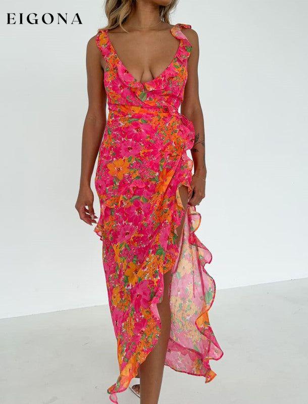 Backless long skirt slit strap ruffle dress Red clothes dresses maxi dress midi dresses