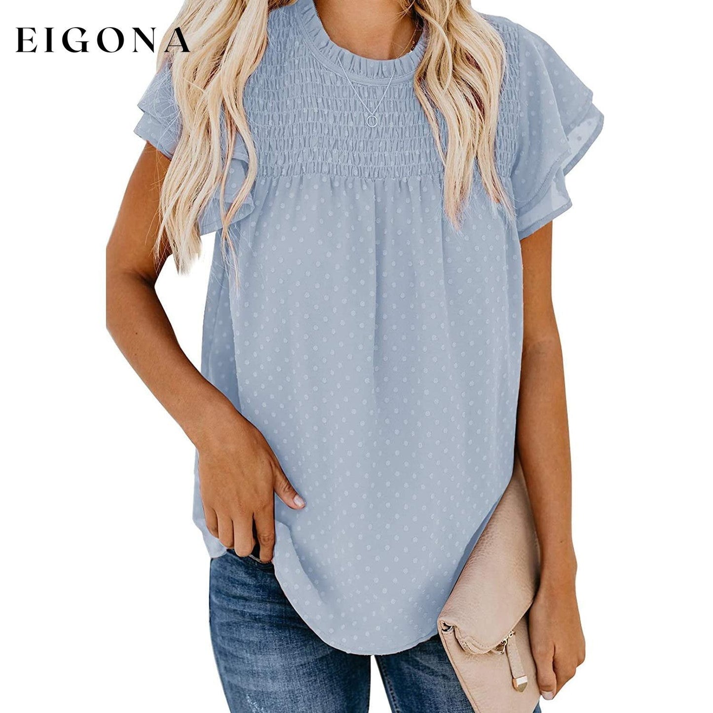 Women's Summer Cute Crewneck Lace Crochet Chiffon Blouse Sky Blue __stock:200 clothes refund_fee:1200 tops