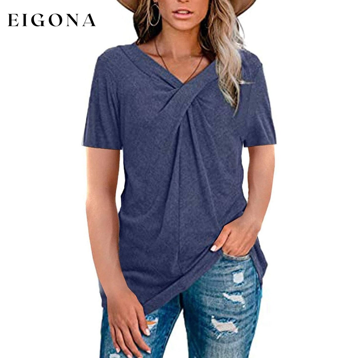 Women's Summer Shirts V Neck Short Sleeve Tops Cross Knot Navy __stock:200 clothes refund_fee:800 tops