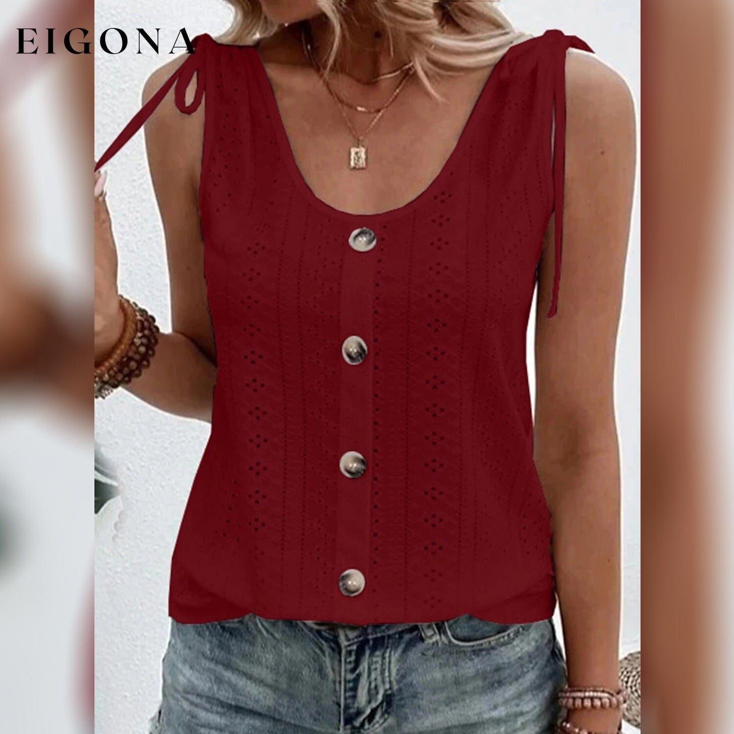 Women's Tank Top Plain Button U Neck Wine __stock:200 clothes refund_fee:1200 tops