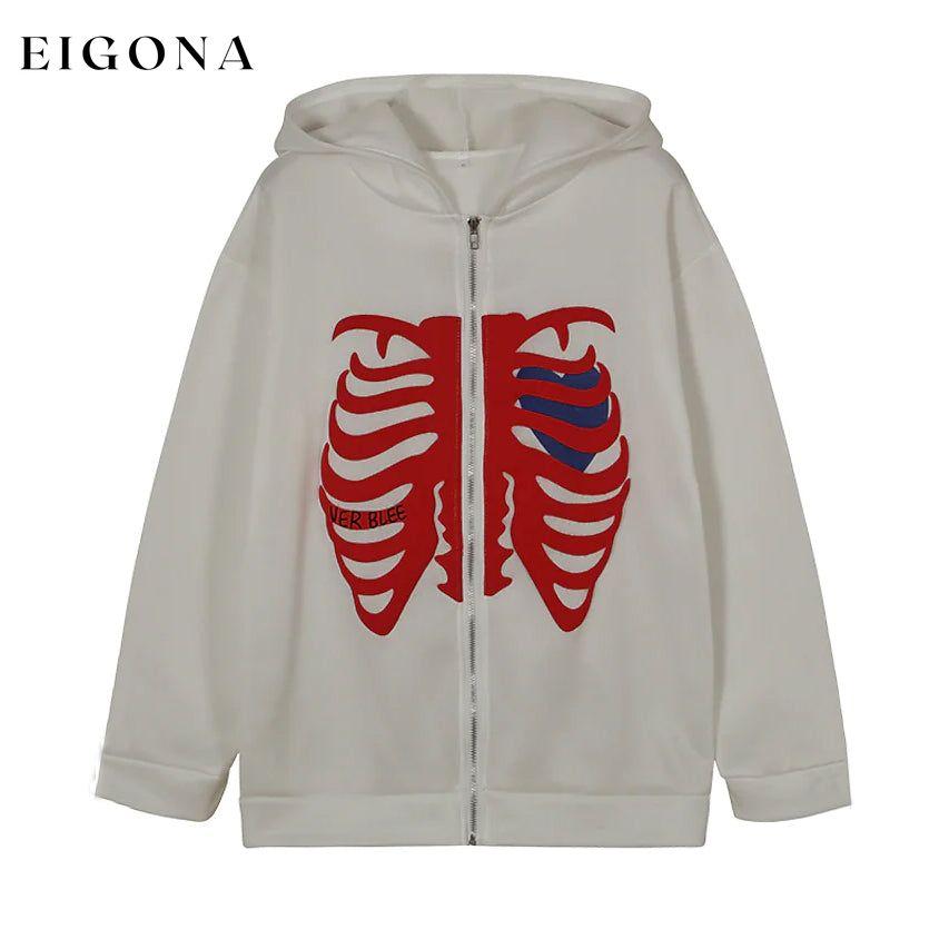 Women's Zip Up Skeleton Letter Hoodie Sweatshirt White __stock:200 Jackets & Coats refund_fee:1200