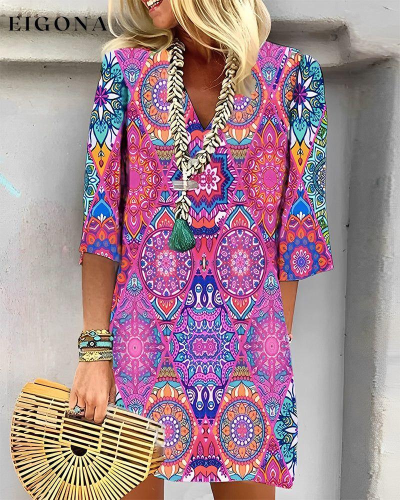 Geometric Print 3/4 Sleeve Dress Fuchsia 23BF Casual Dresses Clothes Dresses Spring Summer