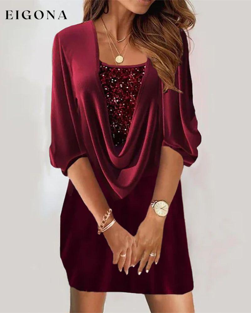 Burgundy sequin dress with 3/4 sleeves 2022 F/W 23BF Casual Dresses christmas Clothes Dresses