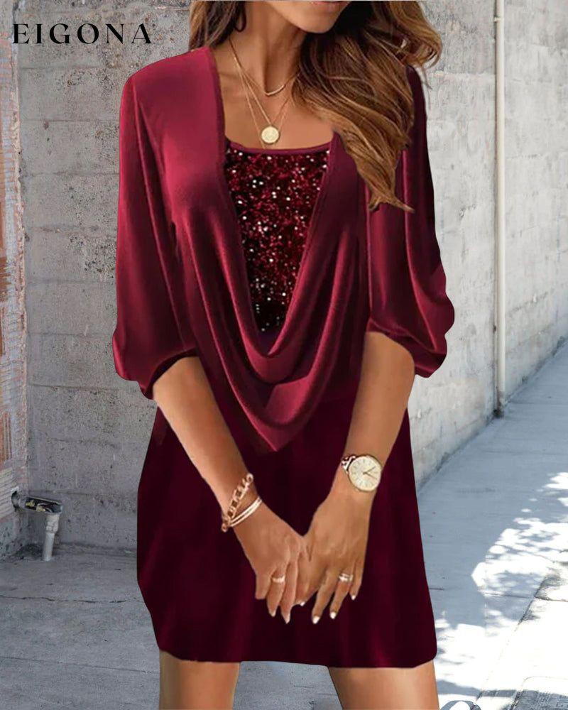 Burgundy sequin dress with 3/4 sleeves 2022 F/W 23BF Casual Dresses christmas Clothes Dresses