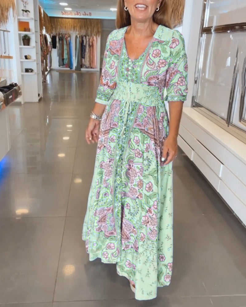 Urlaubskleid mit V-Ausschnitt und 3/4-Ärmeln