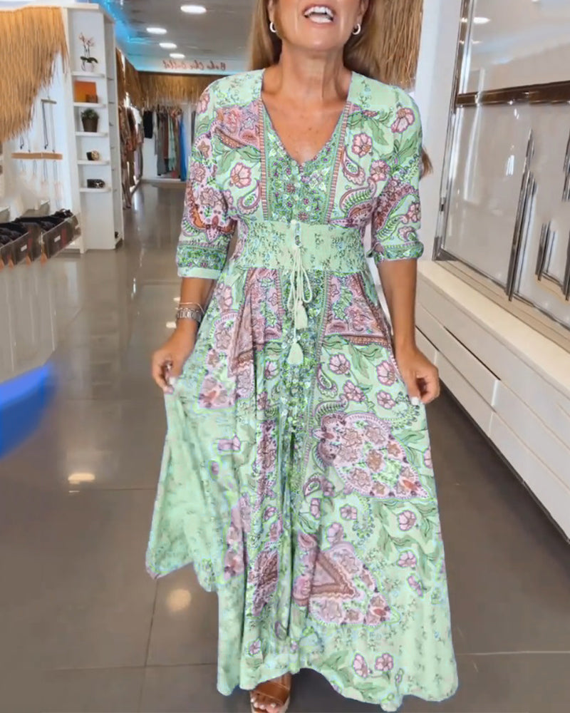 Urlaubskleid mit V-Ausschnitt und 3/4-Ärmeln