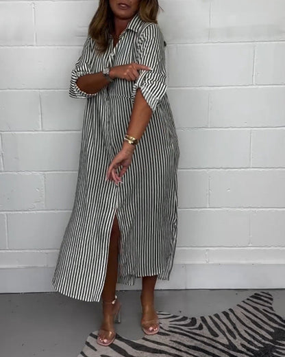 Stripe print lapel slit casual dress