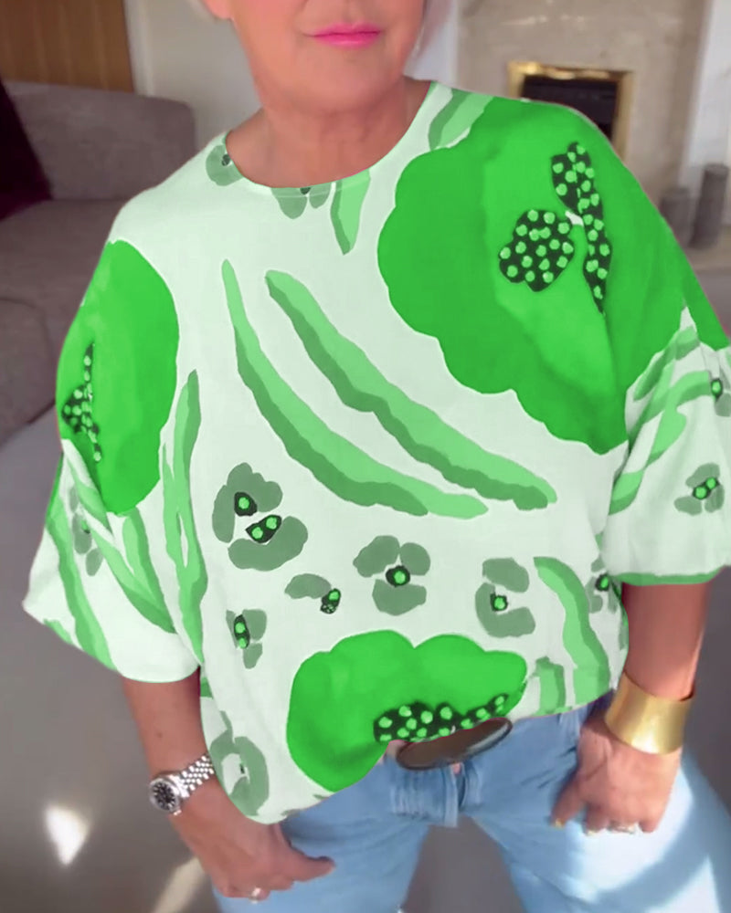 Round neck printed half-sleeve casual top blouses & shirts spring summer