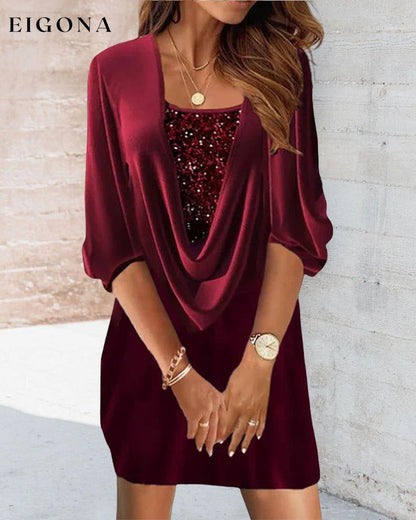 Burgundy sequin dress with 3/4 sleeves 2022 F/W 23BF Casual Dresses christmas Clothes Dresses