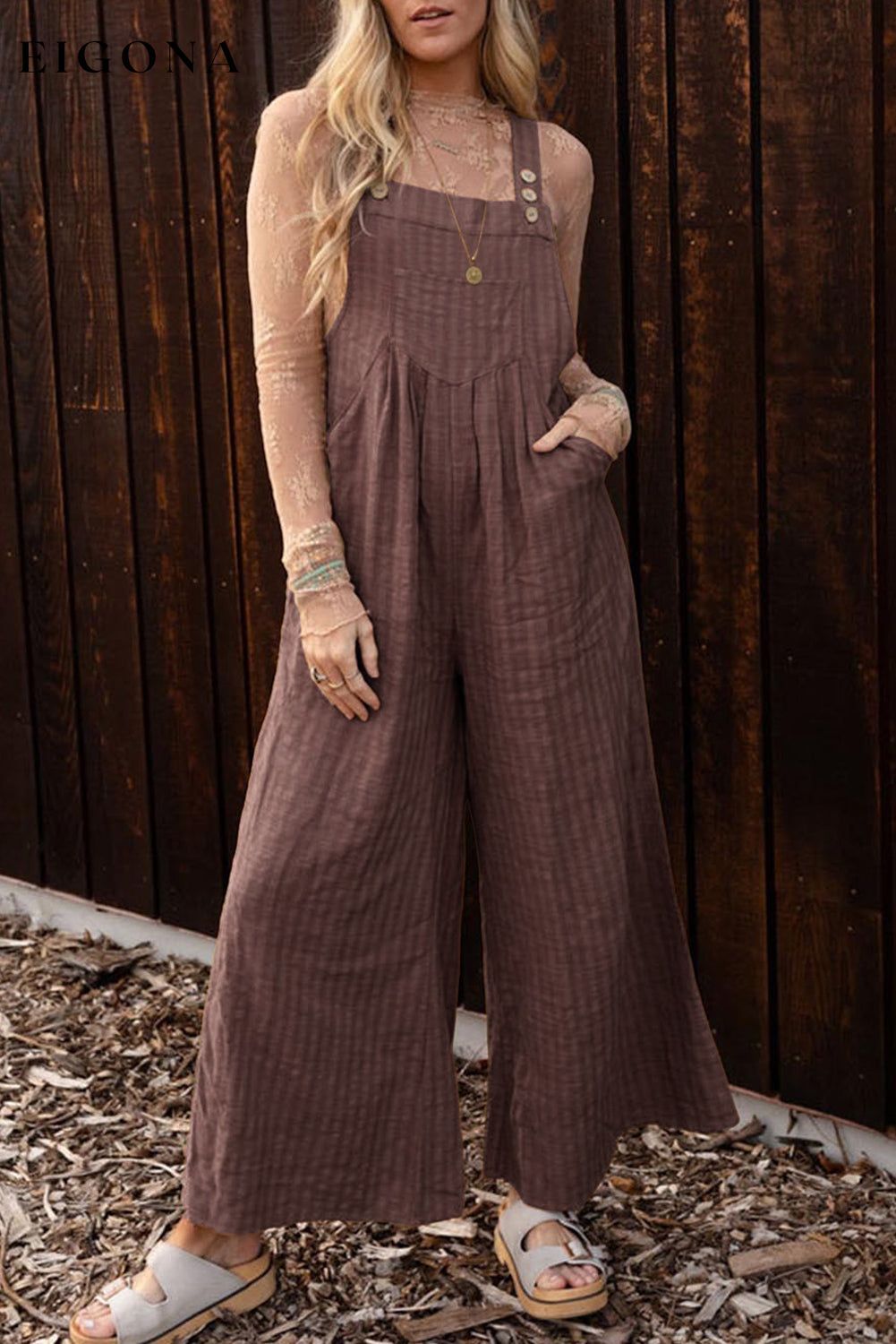 Chicory Coffee Striped Pleated Wide Leg Pocketed Jumpsuit Chicory Coffee 50%Viscose+50%Cotton clothes Jumper Jumpsuit JUMPSUITS & ROMPERS Rompers Stripe tops