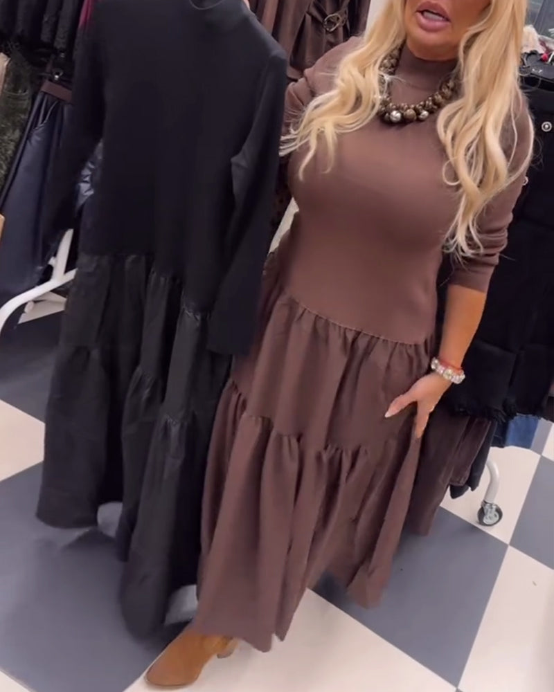 Paneled High-Neck Long-Sleeved Dress