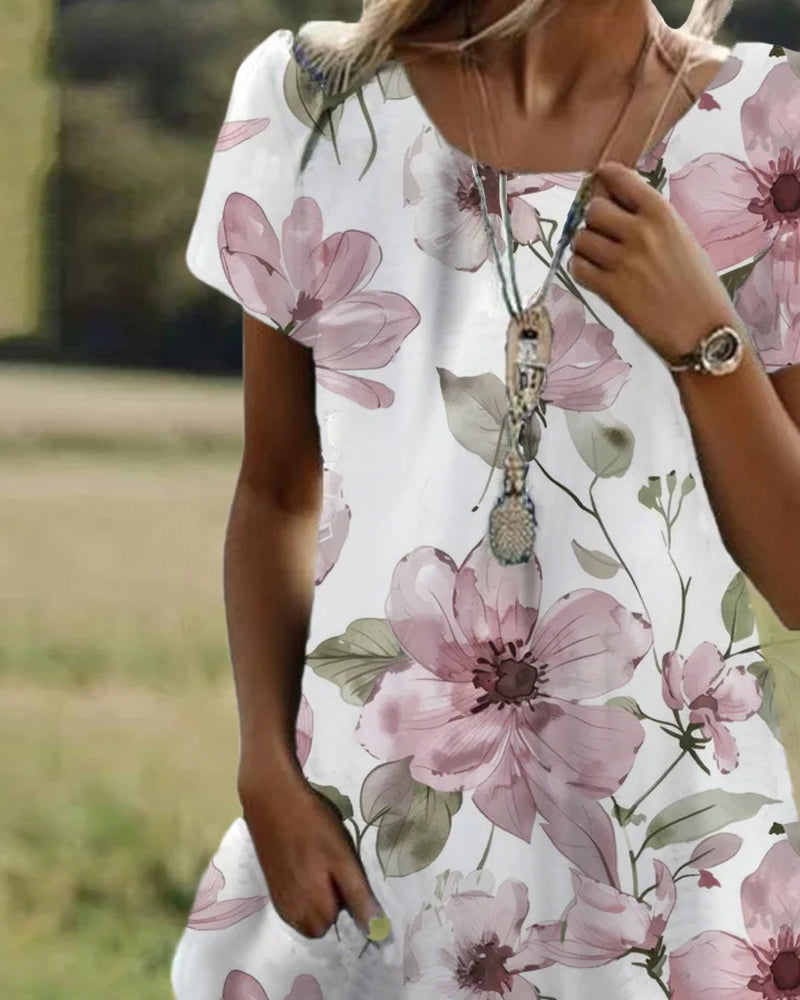 Lässiges bedrucktes Kleid mit Rundhalsausschnitt