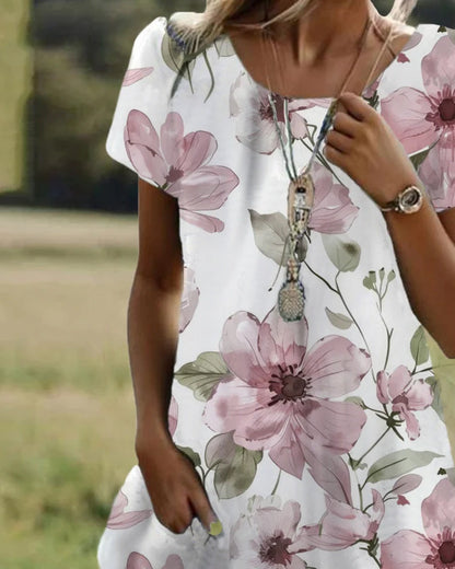 Lässiges bedrucktes Kleid mit Rundhalsausschnitt